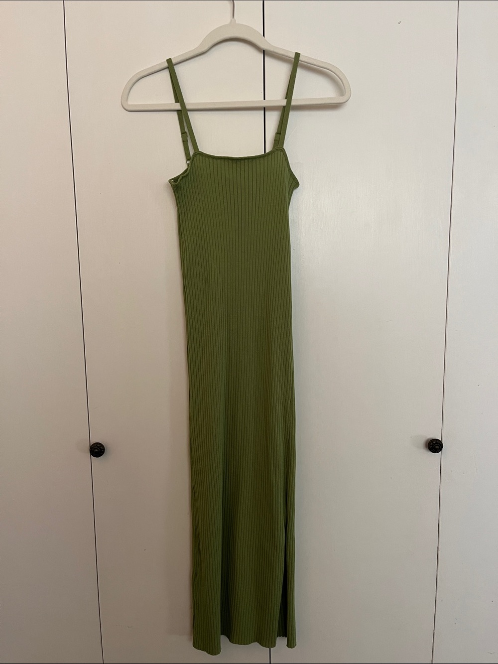 Olive Ribbed Maxi Slip Dress with Spaghetti Straps